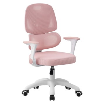 Silla de estudio CHAMONIX, blanca, brazos, ergonómica, regulación de altura, tejido mesh rosa