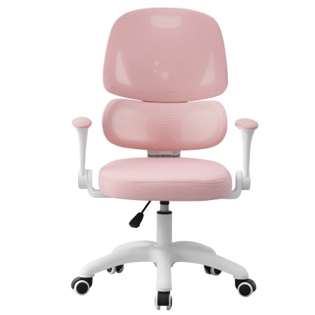 Silla de estudio CHAMONIX, blanca, brazos, ergonómica, regulación de altura, malla y asiento rosa