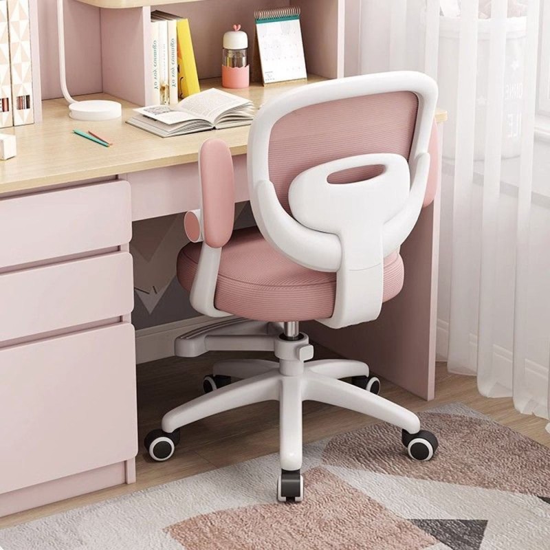 Cadeira de estudo JOLIVET, branca, com braços, ergonômica, ajuste de altura, rede e assento rosa