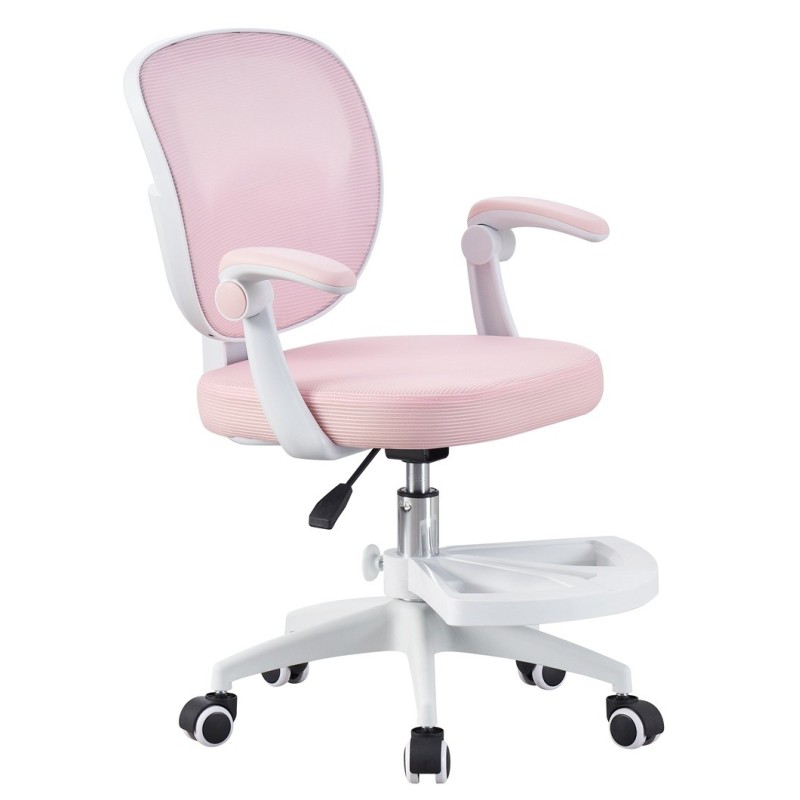 Cadeira de estudo JOLIVET, branca, com braços, ergonômica, ajuste de altura, rede e assento rosa