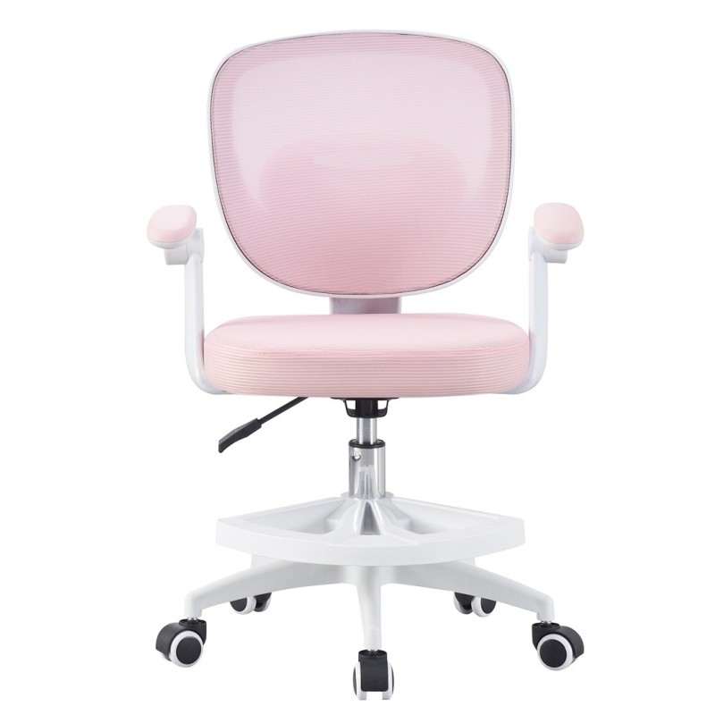 Cadeira de estudo JOLIVET, branca, com braços, ergonômica, ajuste de altura, rede e assento rosa