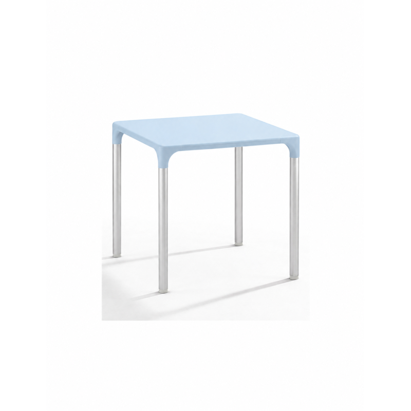 ELIANA table, aluminum, clear blue polypropylene 74x74 cms
