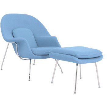 Sillón con ottoman WOW, fibra de vidrio, acero inoxidable, tejido cachemir azul claro