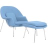 Sillón con ottoman WOW, fibra de vidrio, acero inoxidable, tejido cachemir azul claro