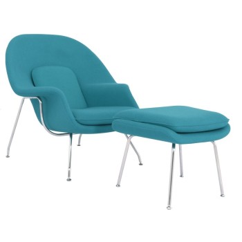WOW armchair with ottoman, fiberglass, stainless steel, cyan cashmere fabric