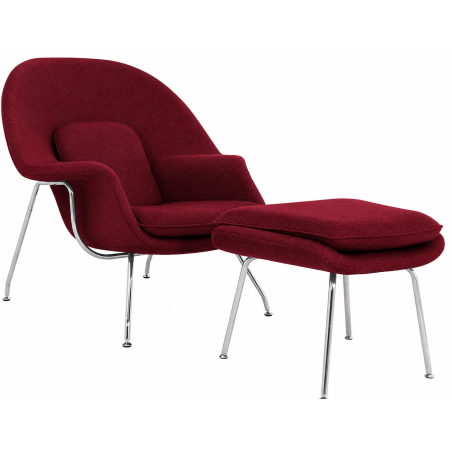 Sillón con ottoman WOW, fibra de vidrio, acero inoxidable, tejido cachemir rojo oscuro